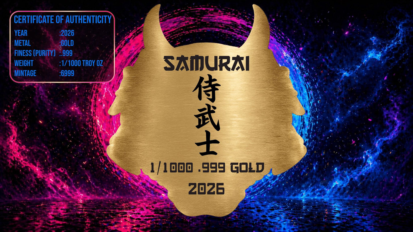 2026 Samurai Mask 1/1000 oz .9999 XL Shaped Gold in Card
