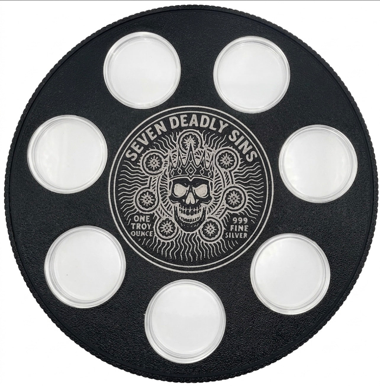 7 DEADLY SINS WALL HANGER COIN DISPLAY! BLACK AND SILVER COLOR SCHEME.