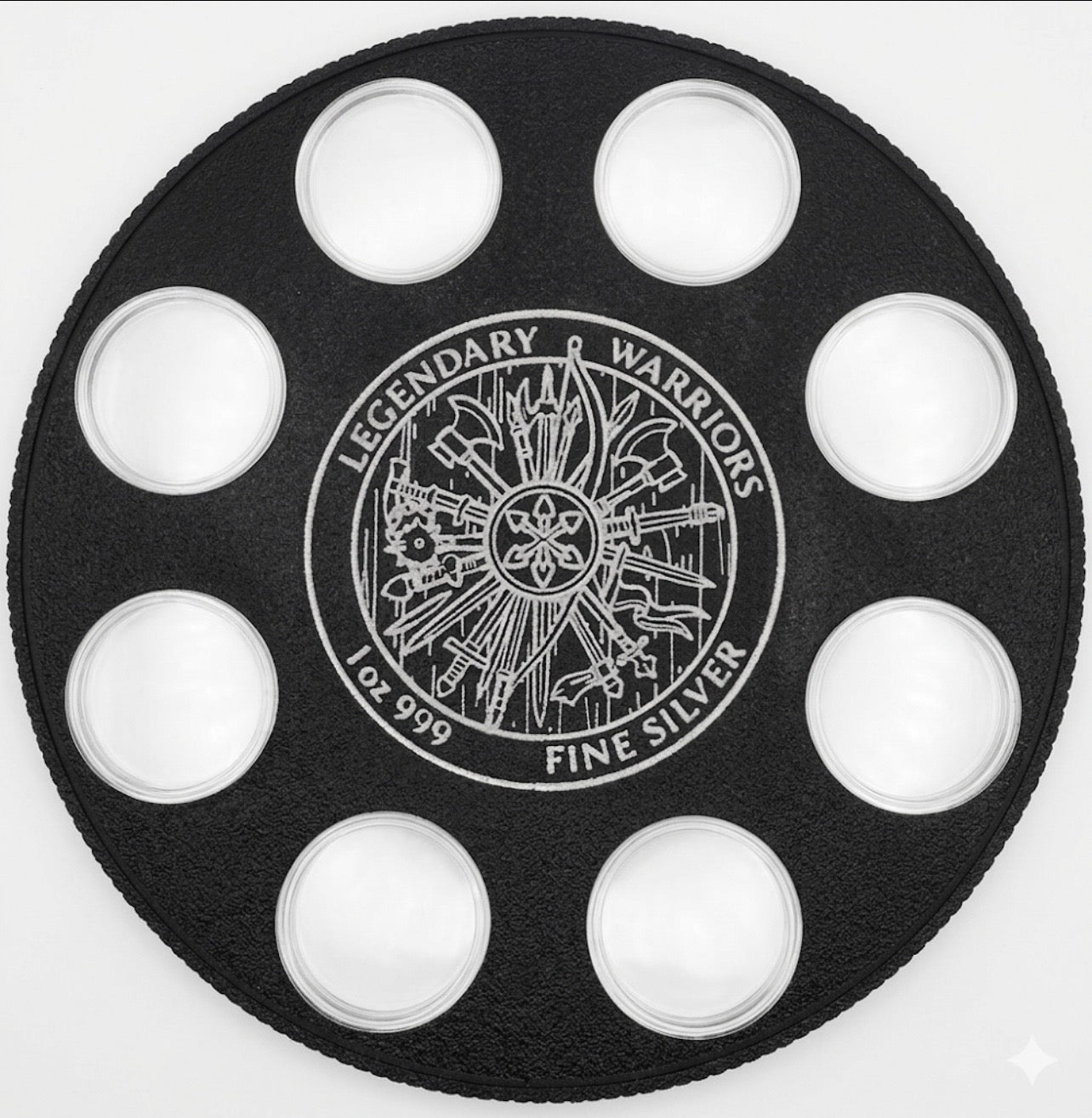 LEGENDARY WARRIORS WALL HANGER COIN DISPLAY! BLACK AND SILVER COLOR SCHEME.