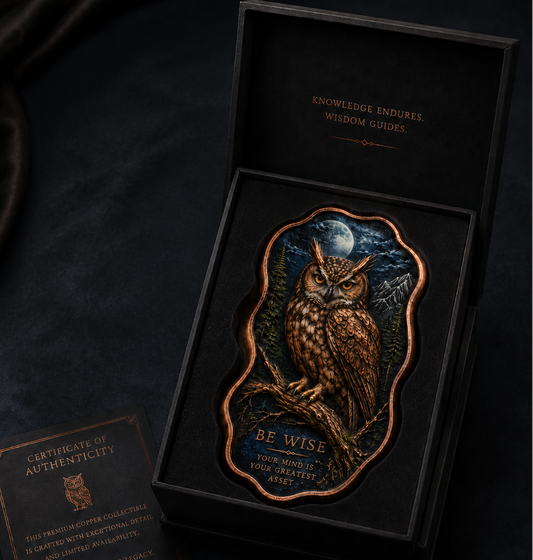 2026 THE OWL- BE WISE Colorized and Antiqued 5 AVDP OZ .999 Fine Copper Bar