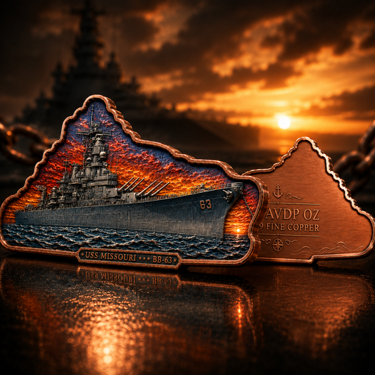 2026 USS Missouri BB-63 –Colorized 5 AVDP oz .999 Fine Copper Shaped Collectible Bar