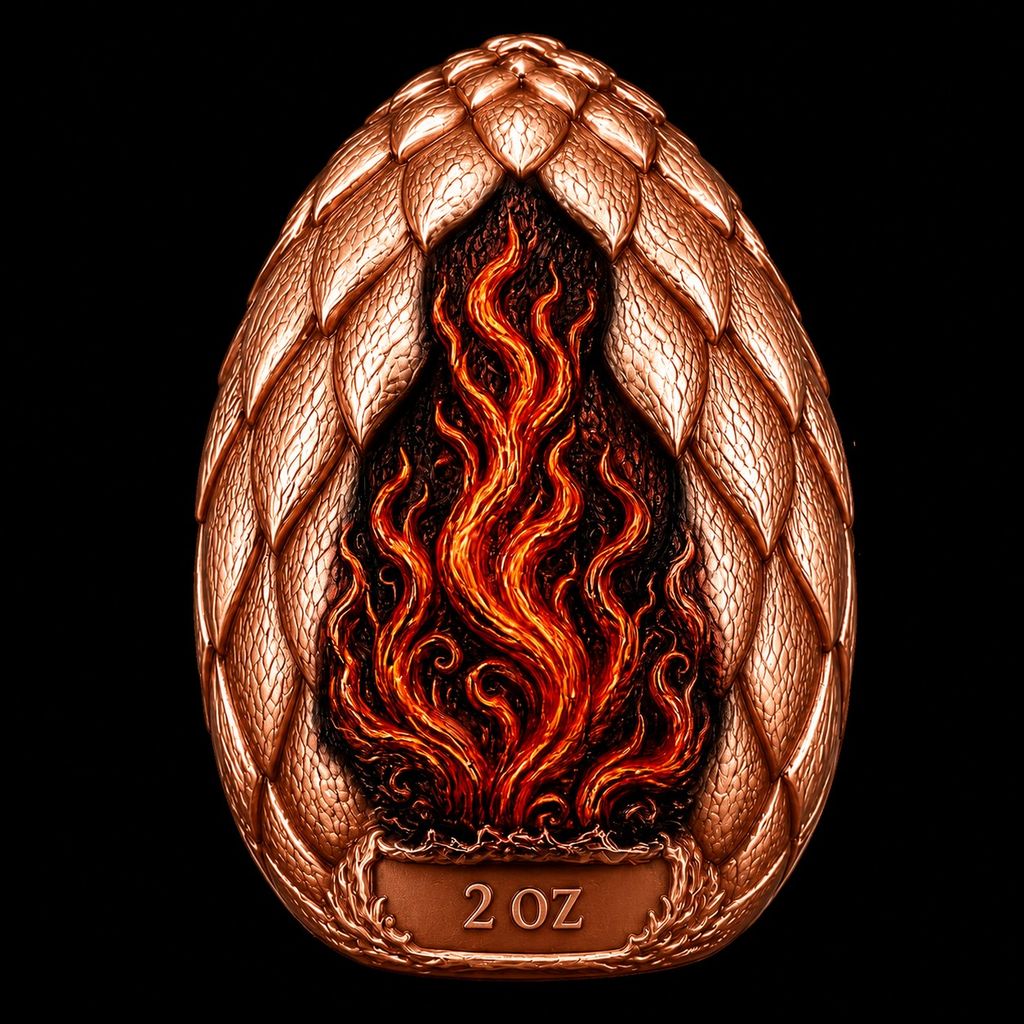 Fiery Phoenix Egg Dome Shaped HR 2 oz Copper Medal