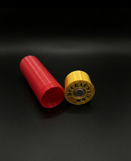 SMALL SHOTGUN SHELL COIN HOLDER FOR QUARTERS! RED AND GOLD COLOR SCHEME. (Copy)