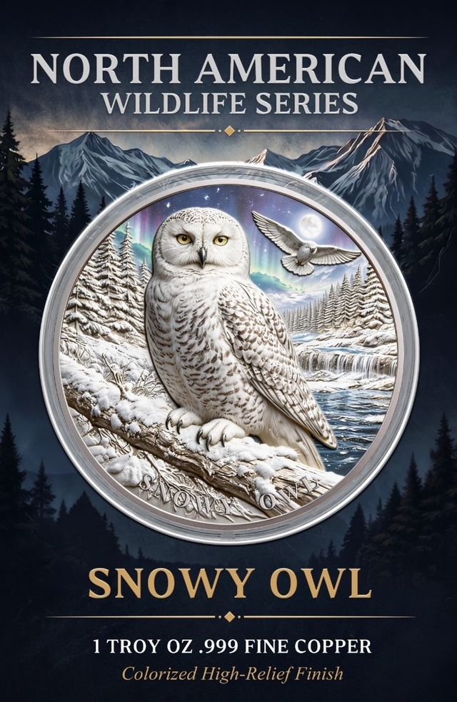 North American Wildlife - Snowy Owl UHR Colorized 1 oz Copper Medal in Card (06/04)