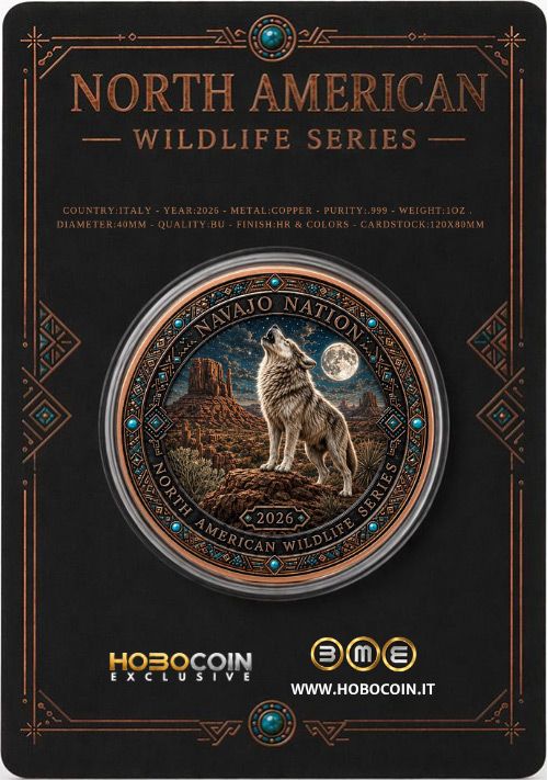 See the back! North American Wildlife - Navajo Nation Spirit of the Wolf UHR Colorized 1 oz Copper Medal in Card (06/05)