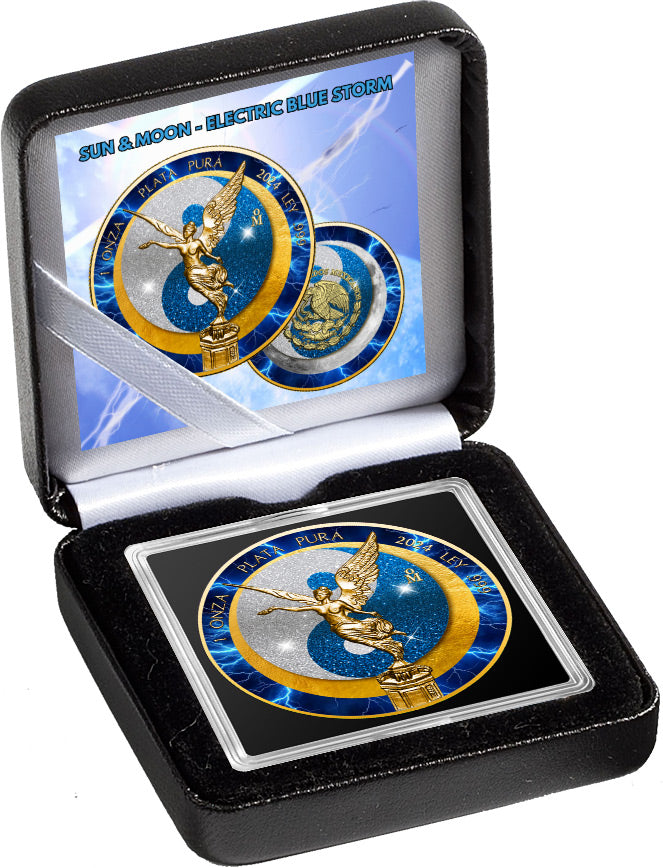 In Stock! 2024 Mexico Libertad Sun & Moon Electric Blue Storm Edition 1 oz Silver Coin (04/23)