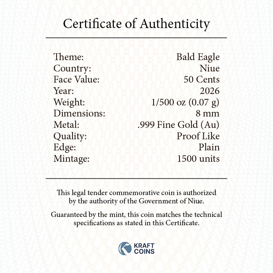2026 Niue Bald Eagle 1/500 oz Gold Coin (07/28)