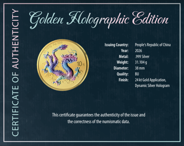 2026 China Dragon Golden Holographic Edition 1 oz Silver Coin