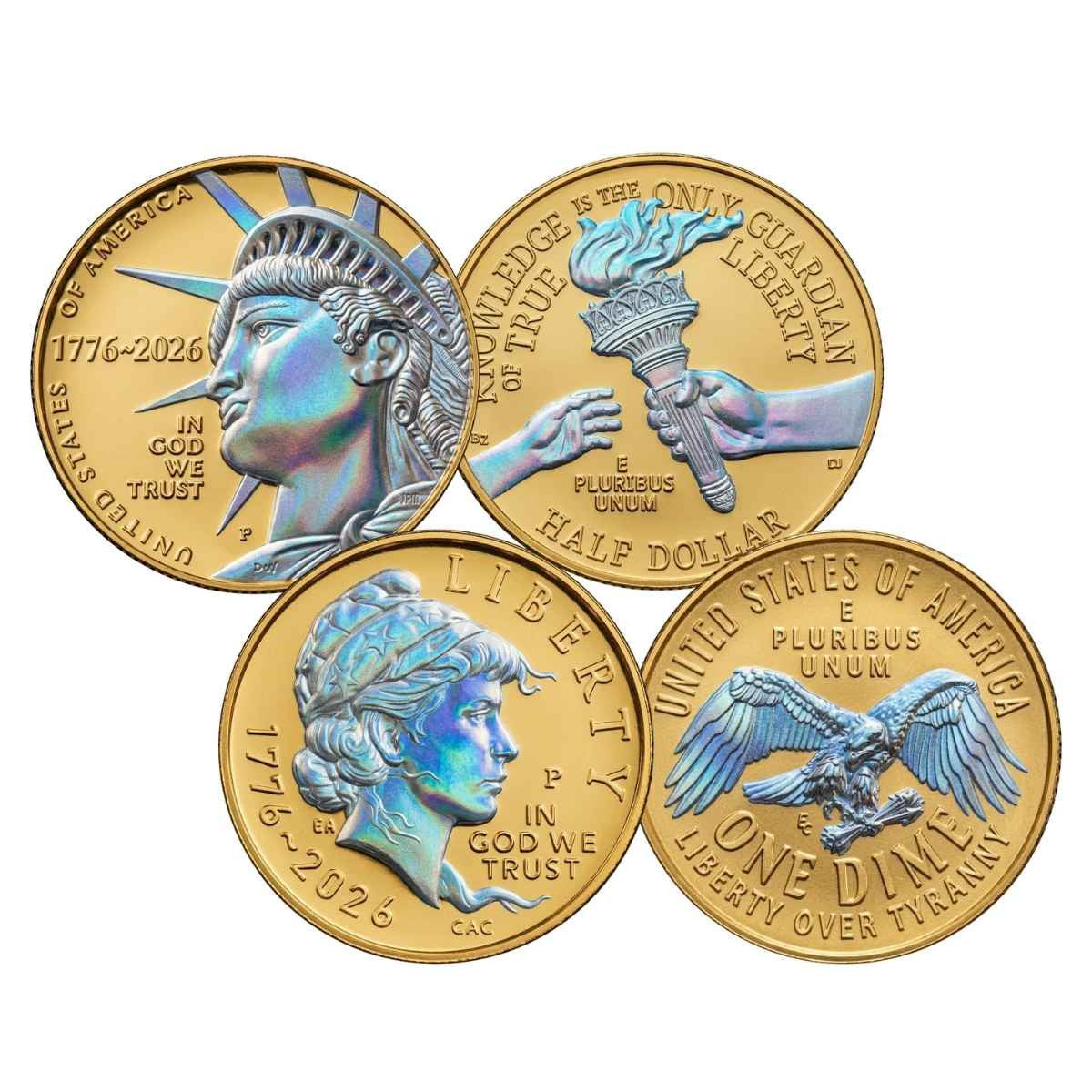 U.S. Genuine Legal Tender $2 Bill, Half Dollar, & Dime 250th Ann. Hologram Coin Set