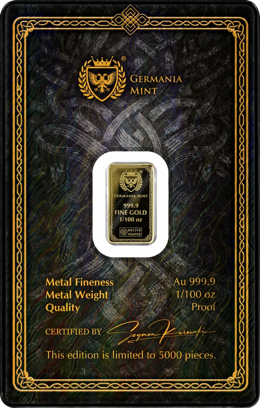 2026 Germania Gods Thor Minted 1/100 oz Gold Bar in Card