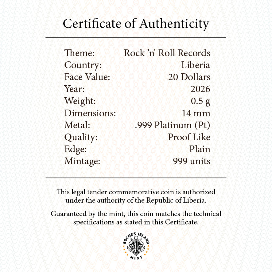 2026 Liberia Rock N Roll Records 0.5g Platinum Coin (07/20)