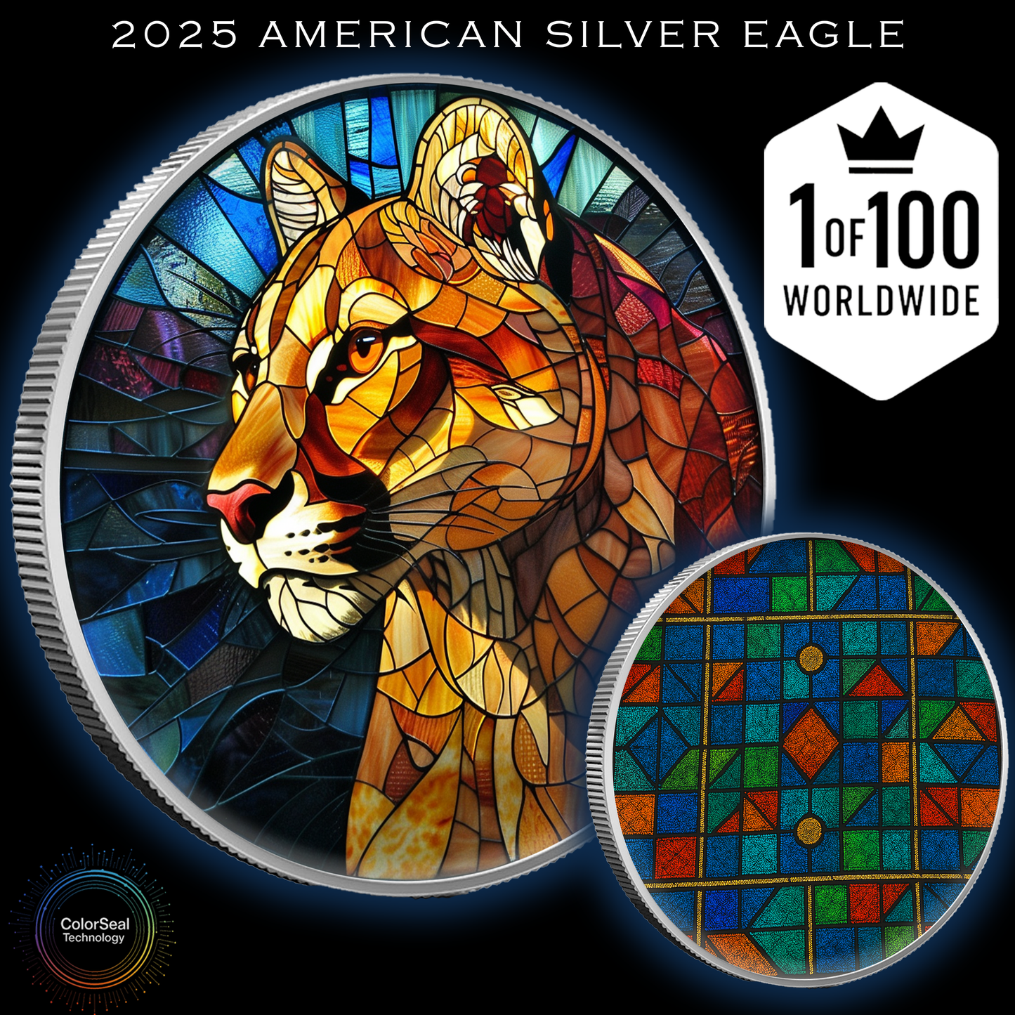 In Stock! 2025 Silver Eagle Mosaic Cougar "Stealth" 1oz Colorized .999 Silver Coin