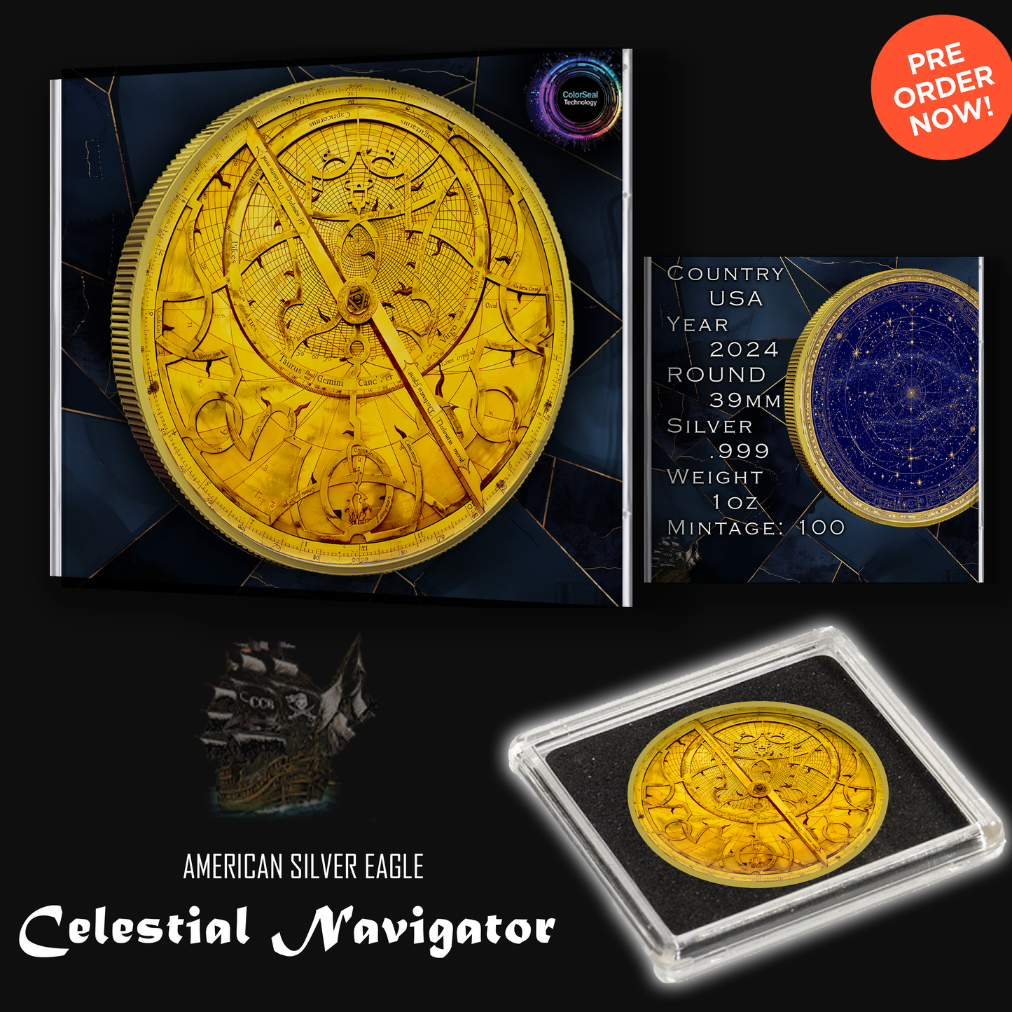 In Stock! 2024 Silver Eagle Celestial Navigator Gold Gilded Colorized 1oz .999 Silver Coin