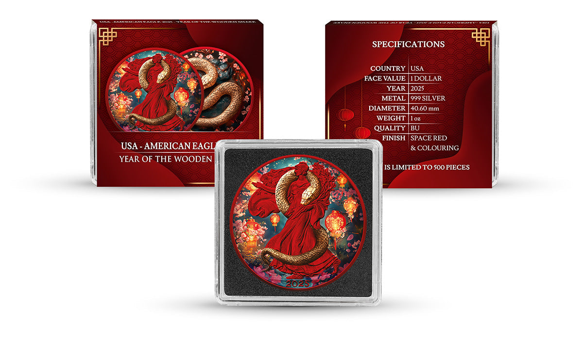 In Stock! 2025 Silver Eagle Colorized Space Red Year of the Wooden Snake 1oz .999 Silver Coin