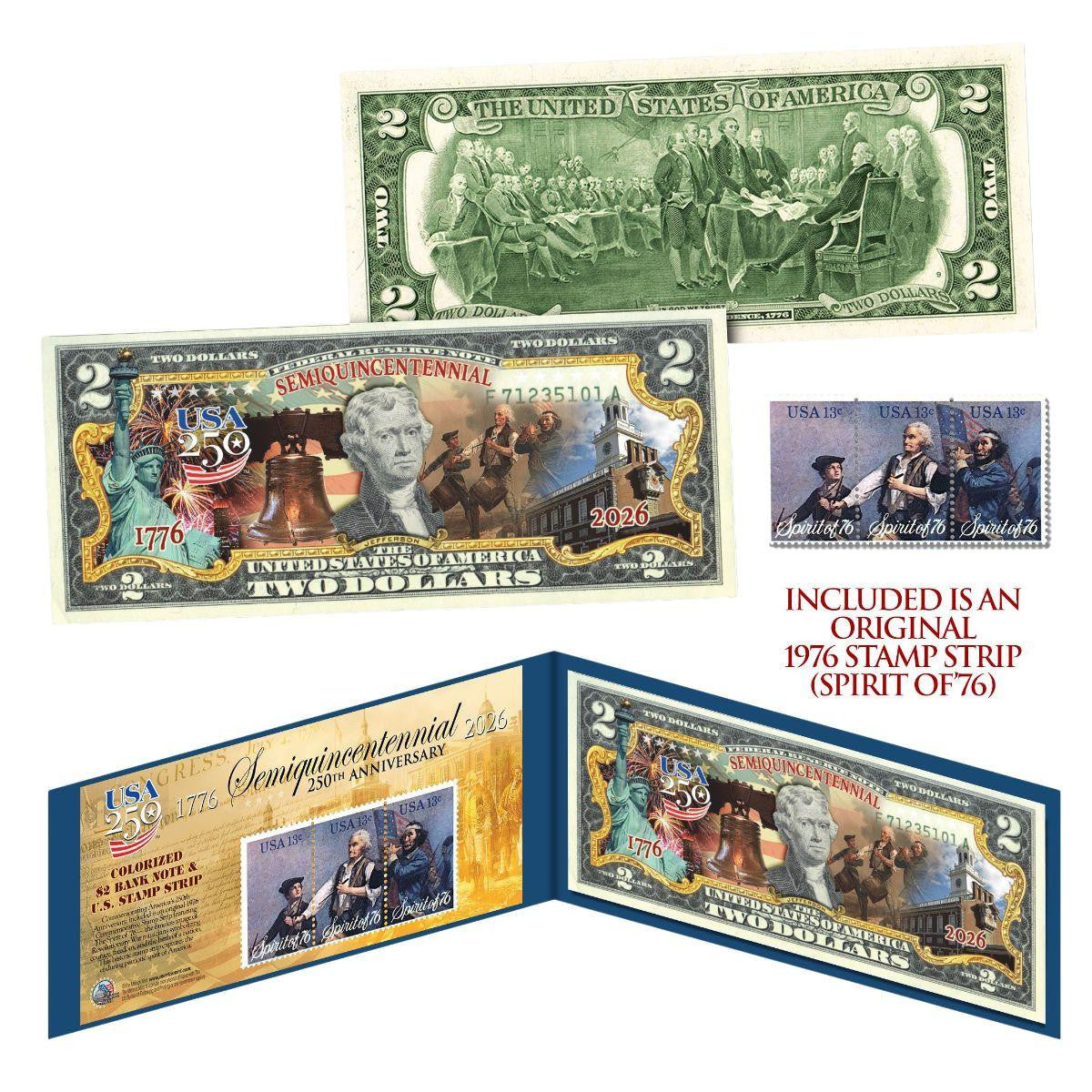 1776-2026 U.S. Genuine Legal Tender $2 Bill 'America's 250th' w/Spirit of '76 Stamp (07/03)