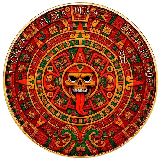 In Stock! 2024 1 oz Mexican Libertad Aztec Calendar 24k Gold Gilded Colorized Silver Coin