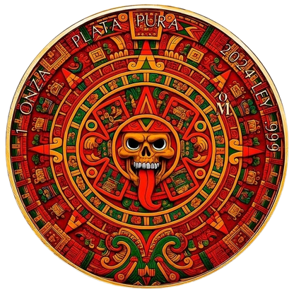 In Stock! 2024 1 oz Mexican Libertad Aztec Calendar 24k Gold Gilded Colorized Silver Coin