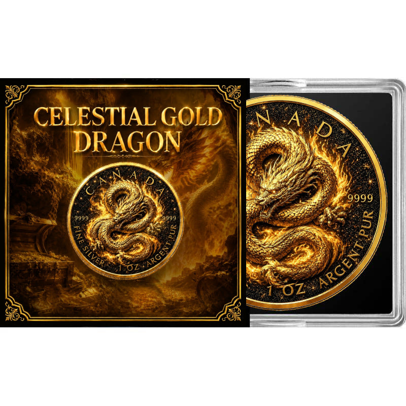 2026 Canada Maple Leaf Celestial Gold Dragon Diamond Dust 1 oz Silver Coin