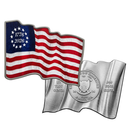 2026 Cameroon Betsy Ross 3D Waving Flag 1/2 oz Silver Coin