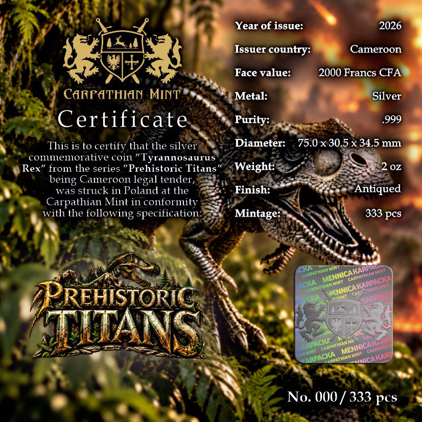 2026 Cameroon Prehistoric Titans - Tyrannosaurus Rex Shaped 2 oz Silver Coin