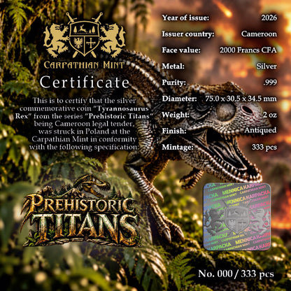 2026 Cameroon Prehistoric Titans - Tyrannosaurus Rex Shaped 2 oz Silver Coin