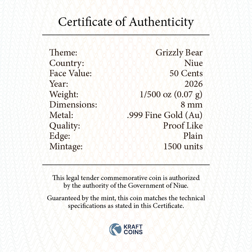 Factory Special! 2026 Niue Grizzly Bear 1/500 oz Gold Coin