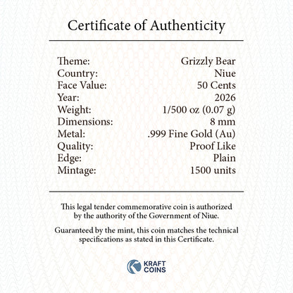 Factory Special! 2026 Niue Grizzly Bear 1/500 oz Gold Coin