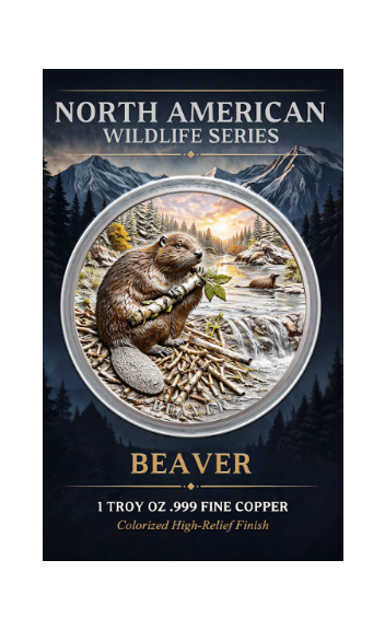 North American Wildlife - Beaver UHR Colorized 1 oz Copper Medal in Card (07/17)
