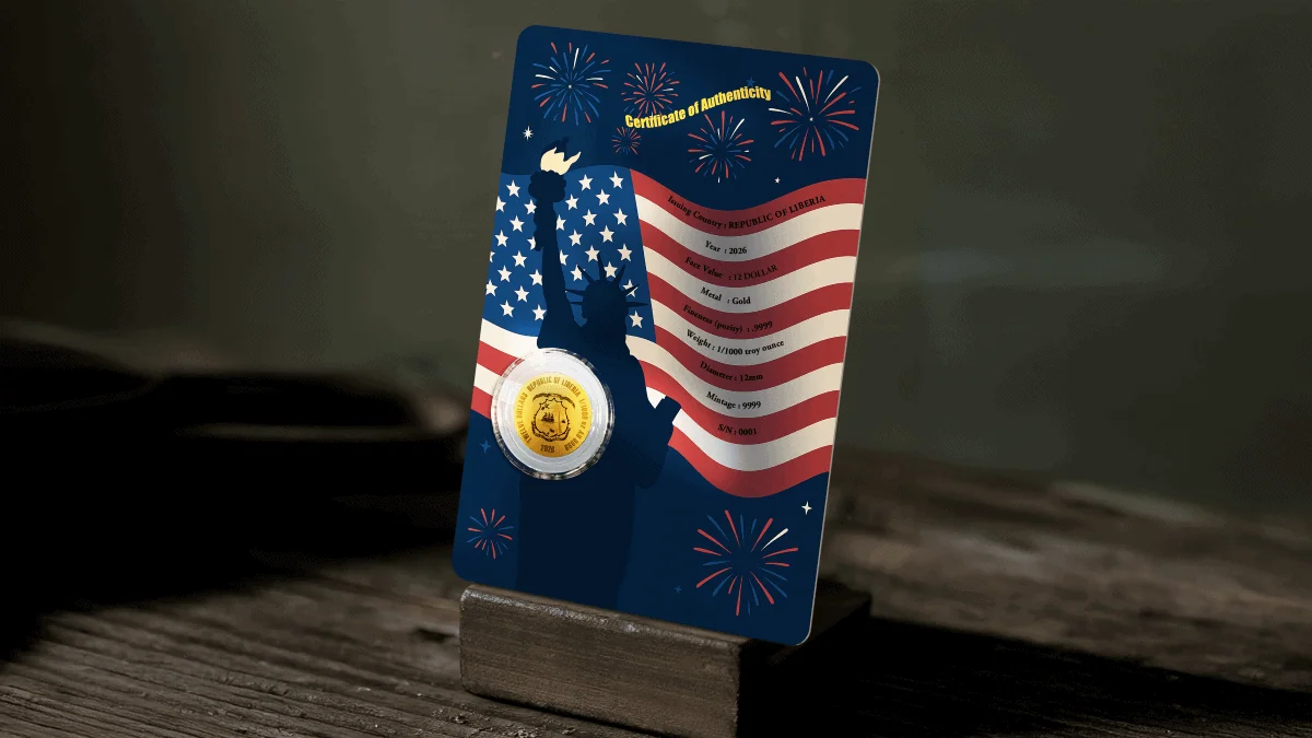 In Stock 2026 Liberia United We Stand IWA Jima 1/1000 oz Gold Coin in Card