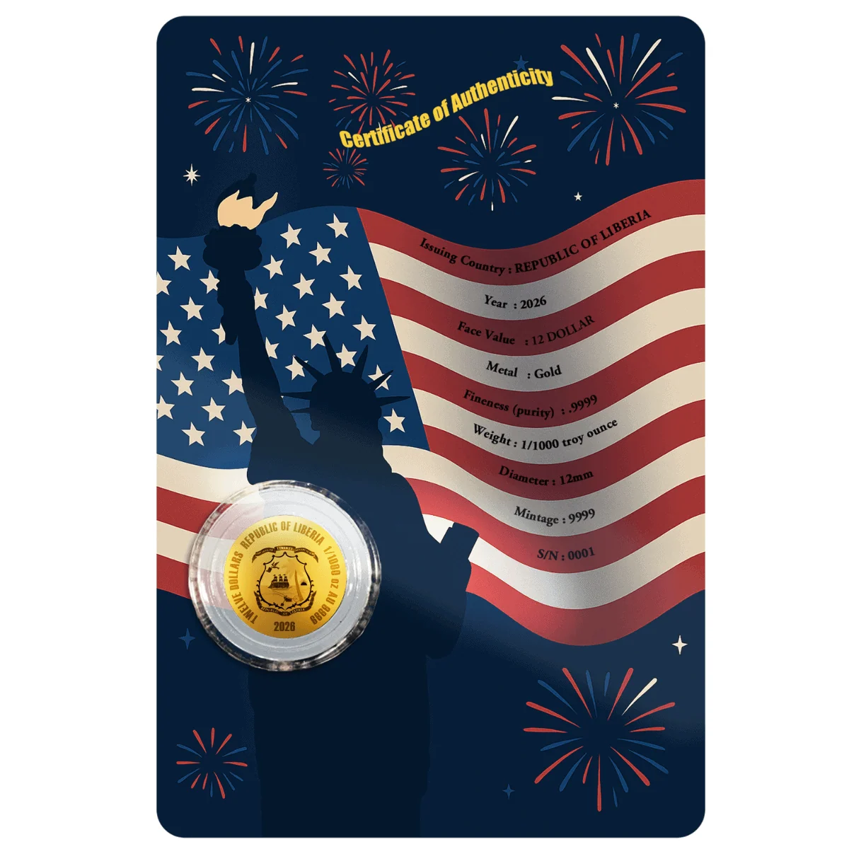In Stock 2026 Liberia United We Stand IWA Jima 1/1000 oz Gold Coin in Card