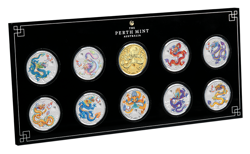 In Stock! 2024 Australia Lunar Dragon Colorized 10 x 1/2 oz Silver Coin Set