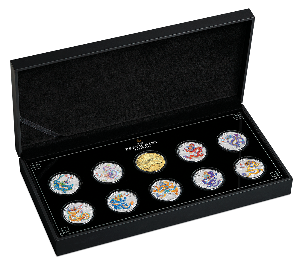 In Stock! 2024 Australia Lunar Dragon Colorized 10 x 1/2 oz Silver Coin Set