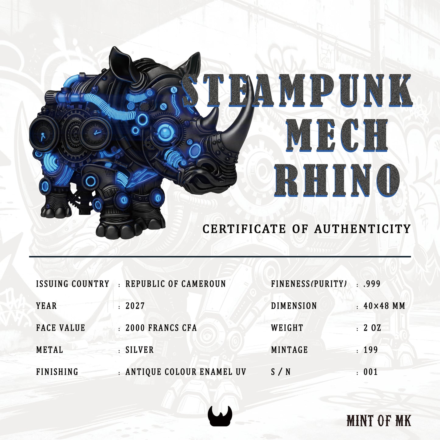 2027 Cameroon Mech Rhino Shaped 2 oz Antique Silver Coin
