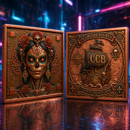 Día De Los Muertos Cyber Skull 2 Piece Design 7.5 AVDP oz .999 Fine Copper Collectible Bar