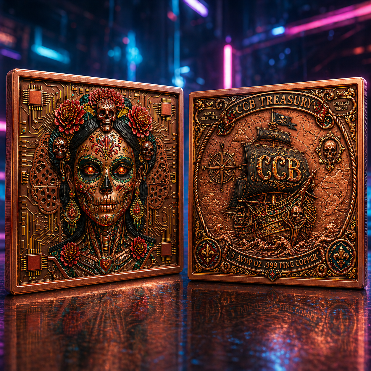 Día De Los Muertos Cyber Skull 2 Piece Design 7.5 AVDP oz .999 Fine Copper Collectible Bar