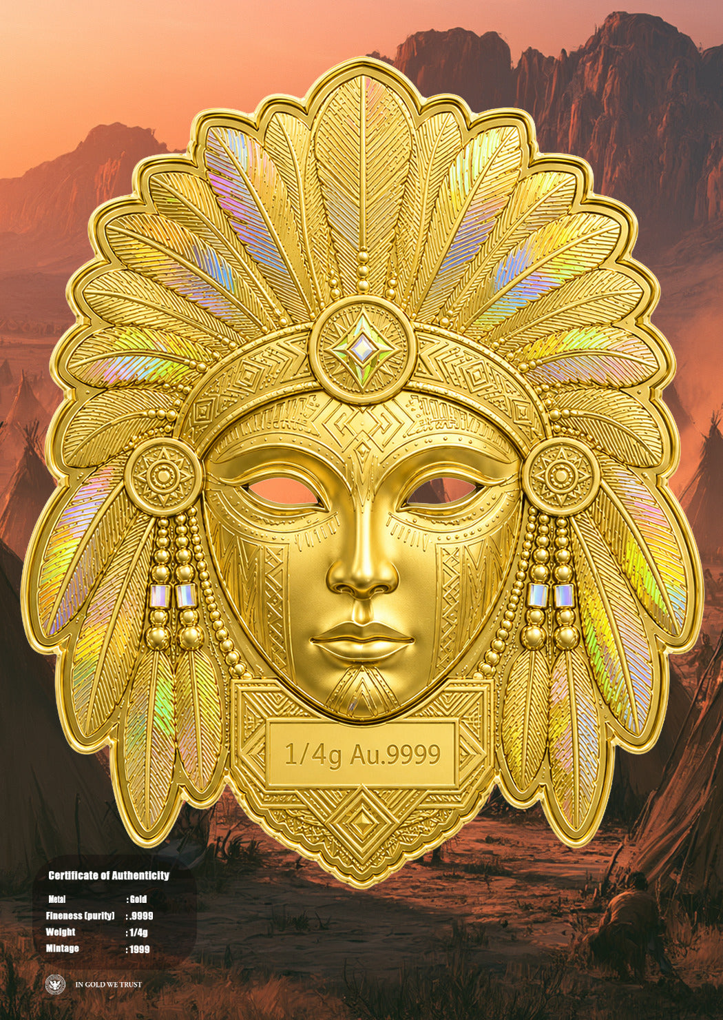 Native American Mask Shaped 1/4g Gold Medal in Card