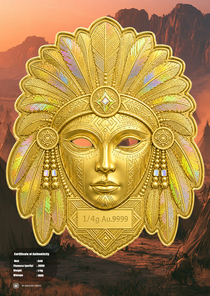 Native American Mask Shaped 1/4g Gold Medal in Card