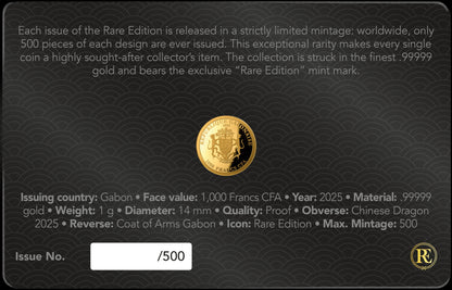 2025 Gabon Chinese Dragon Rare Edition 1g Gold Coin in Card