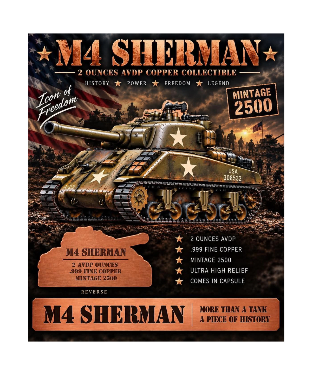 M4 Sherman Tank Shaped Colorized 2 oz Copper Medal