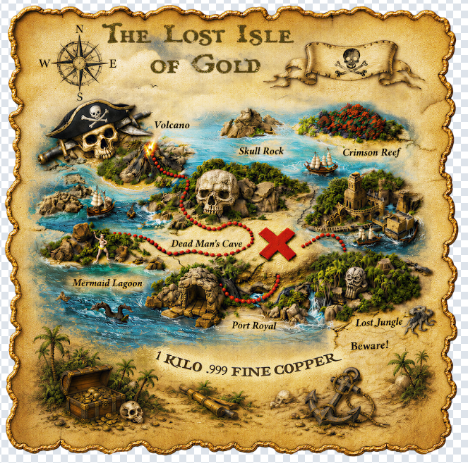 Lost Isle of Gold Treasure Map Shaped 1 Kilo Copper Medal (07/03)