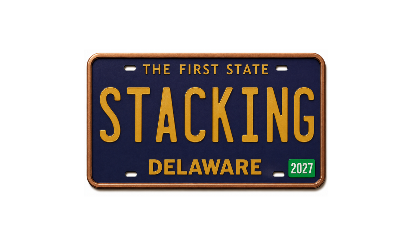 2027 Stacking Across America Delaware License Plate Colorized 1 oz Copper Bar (Series 3)