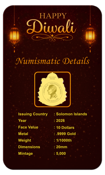 2026 Solomon Islands Diwali Shaped 1/1000 oz Gold Coin in Card