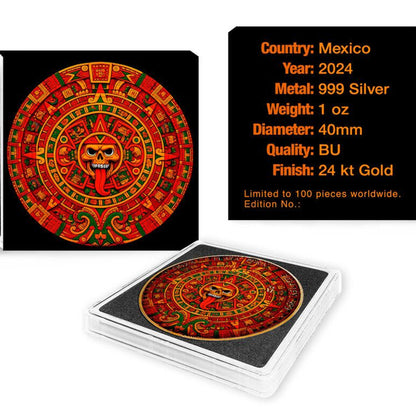 In Stock! 2024 1 oz Mexican Libertad Aztec Calendar 24k Gold Gilded Colorized Silver Coin