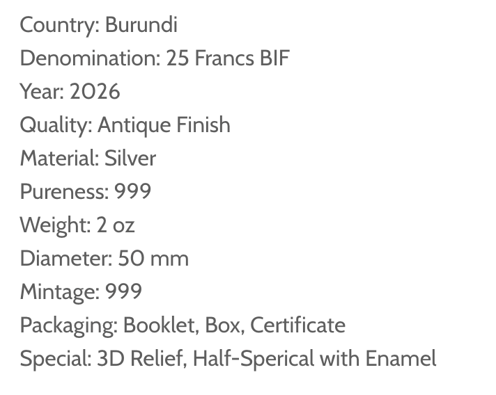 2026 Burundi Big 5 Africa Half-Spherical 2 oz Silver Coin
