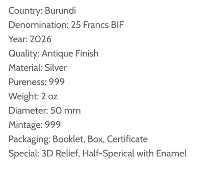 2026 Burundi Big 5 Africa Half-Spherical 2 oz Silver Coin