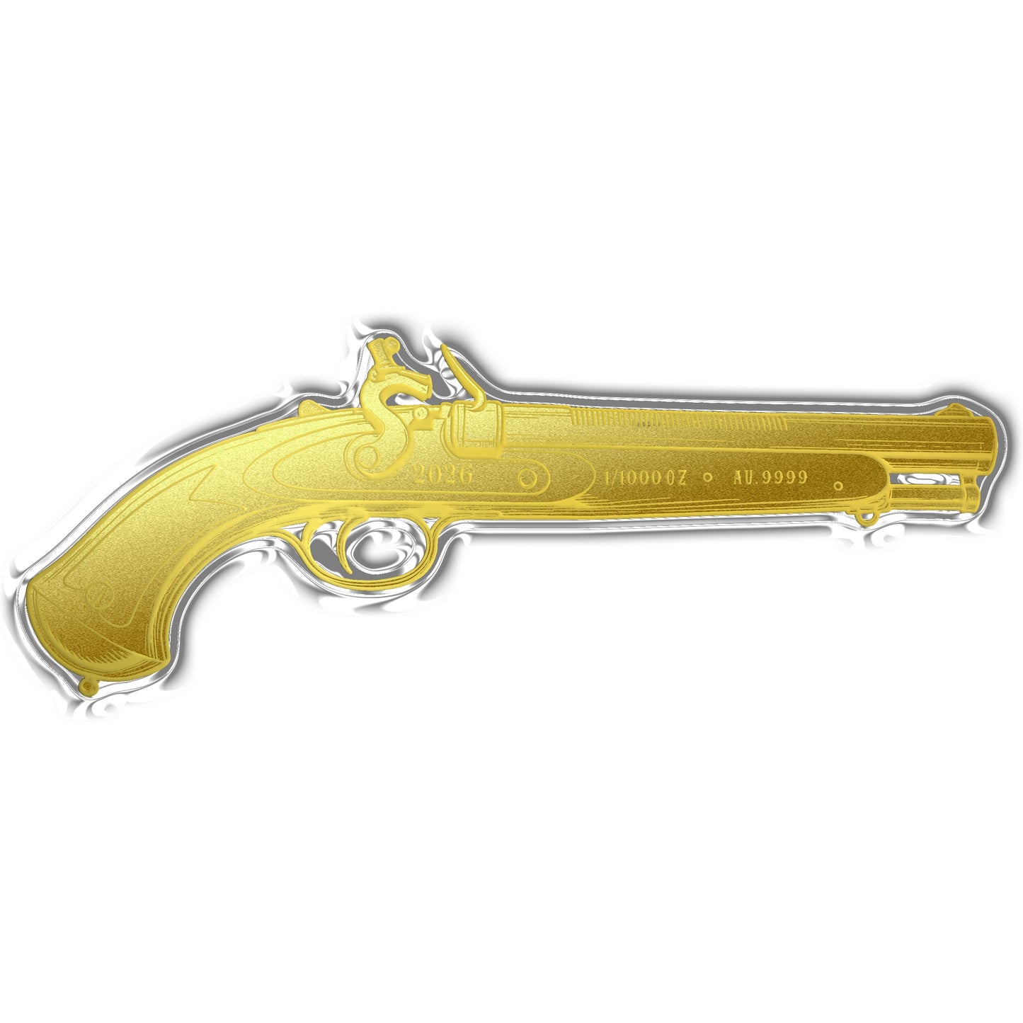 2026 Flintlock Pistol Shaped 1/1000 oz Gold Medal in Card (07/27)