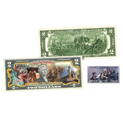 1776-2026 U.S. Genuine Legal Tender $2 Bill 'America's 250th' w/Spirit of '76 Stamp (07/03)