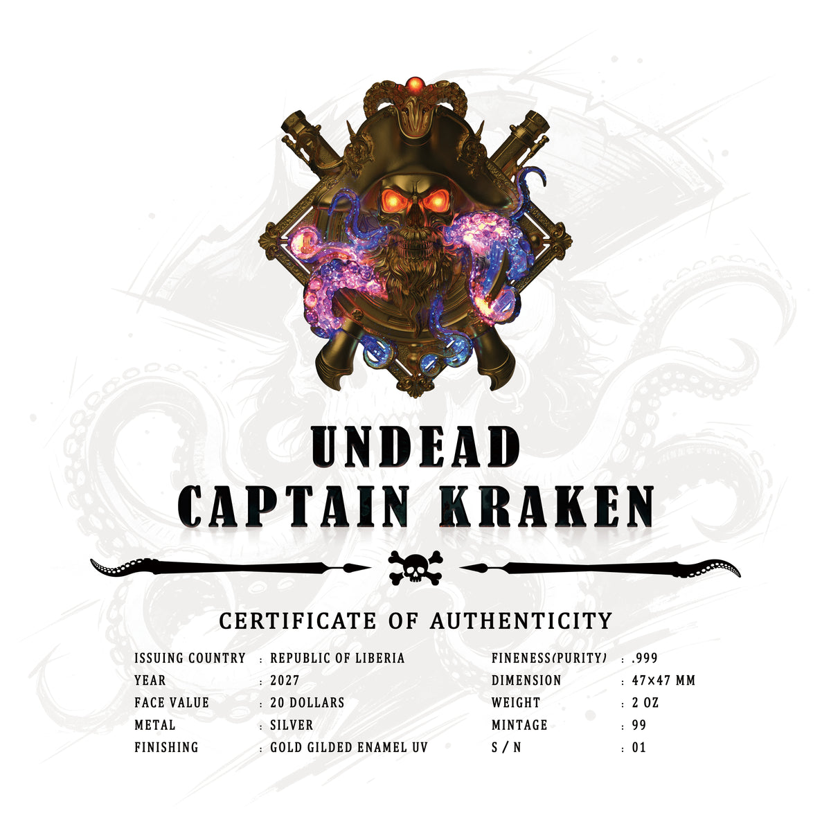 2027 Liberia Undead Captain Kraken Gold Gilded 2 oz Silver Coin