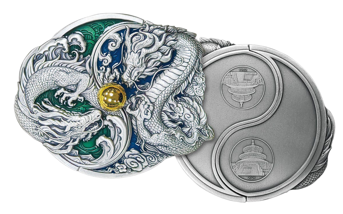 In Stock! 2024 China 2-oz Silver Split Two Dragons Antiqued Gilt Enameled Medal w/Pearl