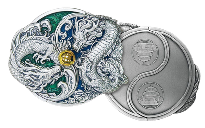 In Stock! 2024 China 2-oz Silver Split Two Dragons Antiqued Gilt Enameled Medal w/Pearl